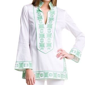 Elizabeth McKay White Tunic with Green Embroidery